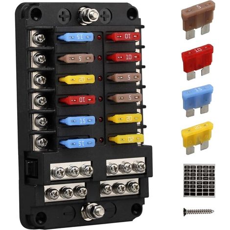 Blocs Fusible Lame ATC/ATO, Porte Fusible Voiture , Boîte Fusibles Voiture 12 voies avec Indicateur de Bus Négatif pour Voiture, Bateau, Fourgonnette, SUV (1/4)