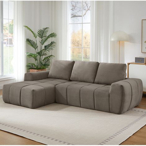 Sofá esquinero de pana, diseño segmentado capitoné, soporte de espuma y muelles ensacados, color taupe (1/5)