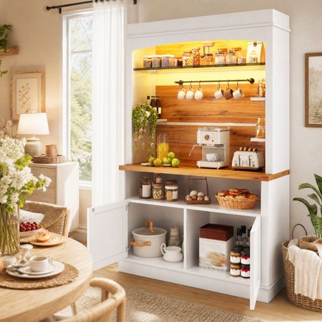 Buffet haut avec éclairage LED et étagère en verre, 184 x 107 x 34 cm, blanc, charge 60 kg OKMYHOME (1/5)