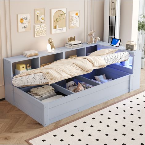 Lit simple enfant 90x200 cm LED, prise et coffre, gris, en bois, sans matelas FloraGrace (1/5)