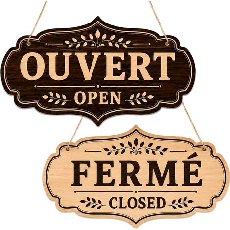 Panneau ouvert fermé en bois recto verso bilingue pour boutique et café Plaque de porte gravée au laser, panneau en bois à corde de jute, lisible pour commerces, cafés et ateliers sous abri sec (1/5)