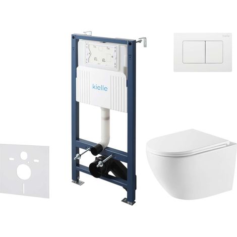 kielle Genesis New - Conjunto de instalación empotrada, inodoro Oudee, Vortex Rimless+, asiento softclose y pulsador Gemini New III, blanco brillante 30528SS61