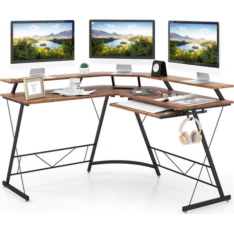L-Shaped Computer Desk with Power Outlet and Monitor Stand Home Office Corner Workstation (1/5)