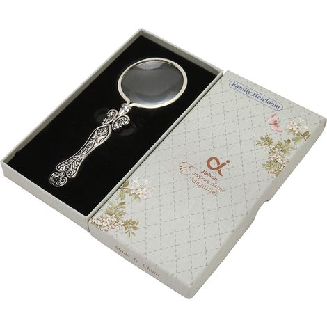 Lente d'ingrandimento retrò 3X, manico in metallo, lente ottica, lente tascabile color argento. (1/5)