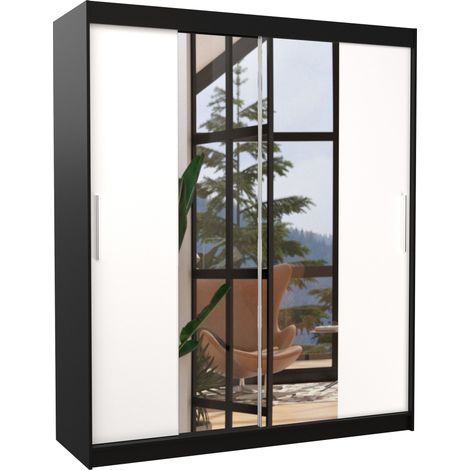 Armoire de chambre à coucher noir 2 portes coulissantes blanc et miroir Dally 180cm (1/5)