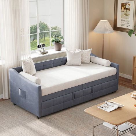 Canapé Lit Convertible Extensible 2 Places 90-180x200cm - Velours Gris - Facile à Déplier - Design Moderne - 370kg