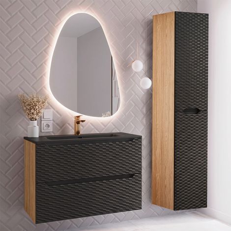 Conjunto de muebles con lavabo individual encastrado 80cm y columna Elora Negro y madera (1/5)