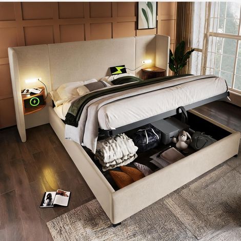 Cadre de lit beige en lin 213 x 232 x 104 cm (1/5)