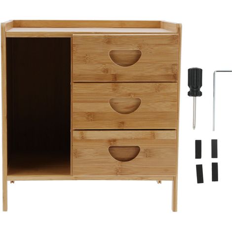 Table de chevet en bambou 3 tiroirs rangement ouvert design compact robuste 45x31x42cm (1/5)