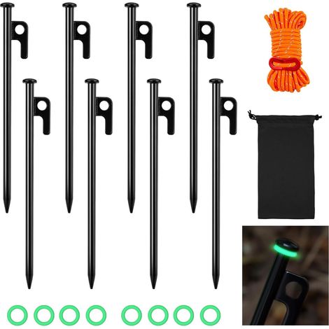 LangRay Piquets de Tente, Sardines Camping, Sardines de Fixation avec Anneaux Lumineux et Corde Réfléchissante, Clous de Tente en Acier, Ancrage au Sol pour Camping Randonnée (8pcs 20cm+Corde) (1/5)