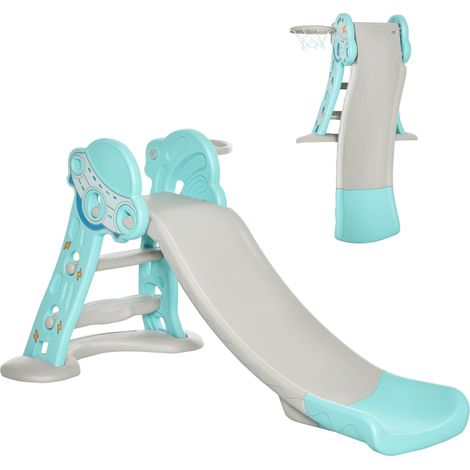 Toboggan pliable pour enfants dès 18 mois, avec 3 marches et panier de basket, pour l'intérieur et l'extérieur, 140 x 87 x 75 cm, bleu et gris (1/5)