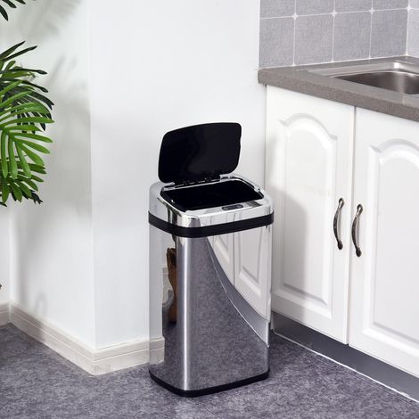 Poubelle de 30 L, à ouverture automatique par capteur de mouvement, en acier inoxydable, 33 x 25 x 58 cm, argent et noir.