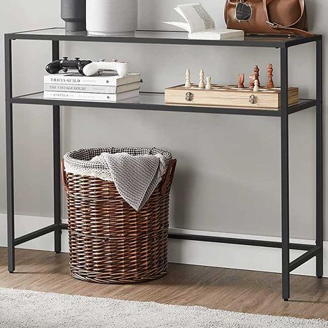 Vasagle – Table console moderne en métal noir – Dessus en verre trempé – 2 niveaux – Pieds réglables pour stabilité – Dimensions 100x35x80 cm