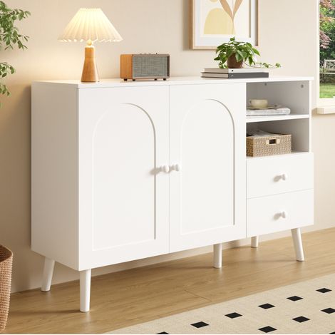 MEUBLIV Sideboard 118 x 35 x 82 cm Weiß – 2 Türen, 2 Schubladen, 2 offene Fächer (1/5)