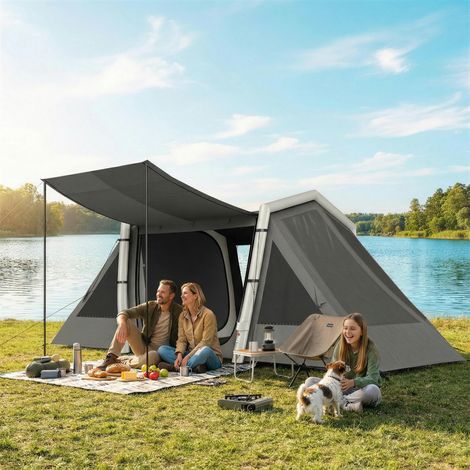 Tente gonflable de camping 4 personnes blackout tente chambres et séjour gris foncé à air de long 2 580x270x202cm 5.8m aménagement intérieur