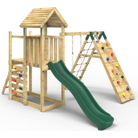 Rebo Extended Tower Wooden Climbing Frame with Swings & Slide - Bear