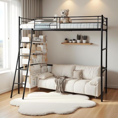 Eggree – Lit Mezzanine 90 x 200 cm, Multifonctionnel Lit en Métal avec Eggree – Échelle pour Adultes et Enfants, 80 x 40 x 90cm, Noir (1/5)