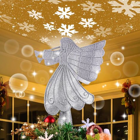 Ange de Noël au sommet du sapin avec projecteur de flocons de neige LED intégr, Décorations de sapin de Noël, Décoration de Noël 3D pailletée (1/5)