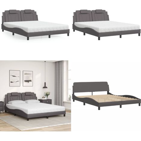 Lit Viana avec matelas gris 160x200 cm similicuir - Matelas en mousse - Coussin de tête (1/5)