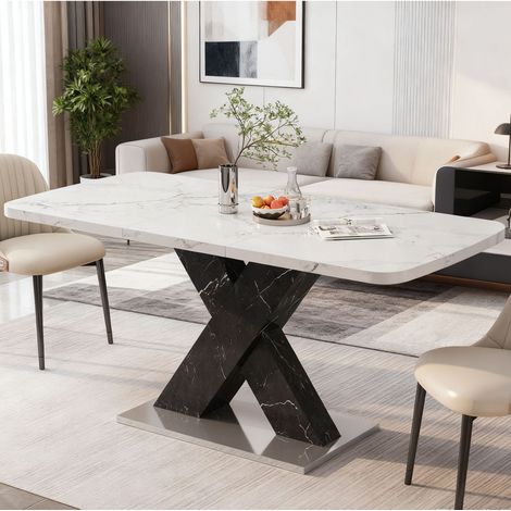 Pour les repas du quotidien, table à manger extensible facile à intégrer, plateau effet marbre blanc 120-160 cm (1/5)