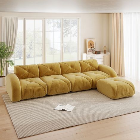 L-förmiger Sessel, modulares Sofa, viersitziges Ecksofa geeignet für das Wohnzimmer, rutschfeste Unterseite, keine Montage erforderlich, modulares Sofa mit Fußstütze, Gelb 
WL