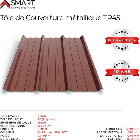 Bravo The Smart Solution – Tôle bac acier toiture TR45 – Coloris brun rouge terracotta RAL 8012 – Dimensions 2000x1050x0.63mm – Solution économique sans entretien (1/5)