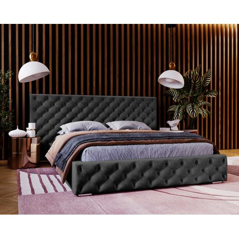 Emporius Lit 180x200 cm Bella - Chesterfield, glamour, velours - lit avec rangement, sommier, Noir (1/5)