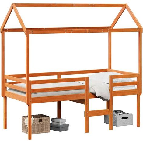Lit haut (matelas non inclus), finition cire marron, 90x200 cm, pin massif. (1/5)