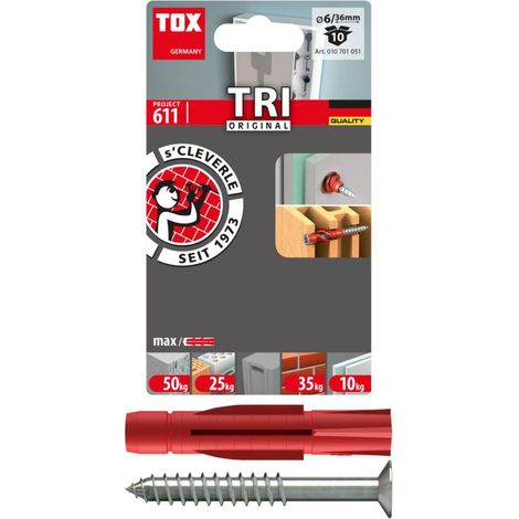 Bouchons universels TOX 6 x 36 mm + vis en blister de 10 unités.