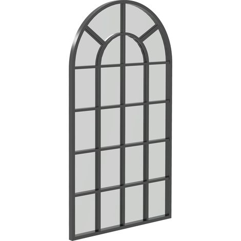 Miroir décoratif, grand modèle, style fenêtre, arqué, avec système de fixation. Noir + verre miroir