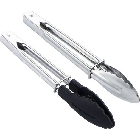 2 multifunktionale Grill und Küchenzangen 18 cm handliche Größe hitzebeständig bis 270 C geeignet für beschichtete Töpfe und Pfannen silber schwarz (1/4)