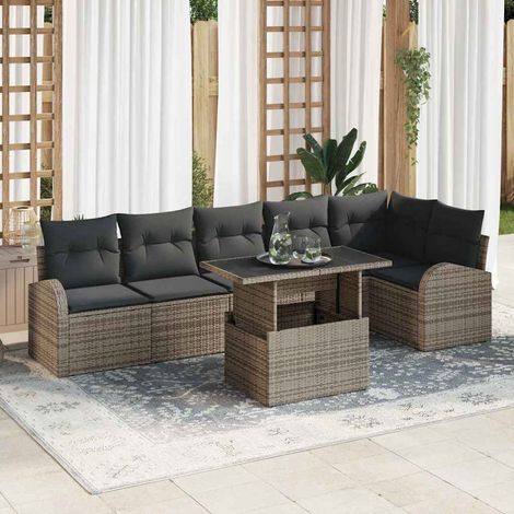 vidaXL Gartensofa-set mit Kissen mit Speicher 7 pcs Grau Poly Rattan (1/5)