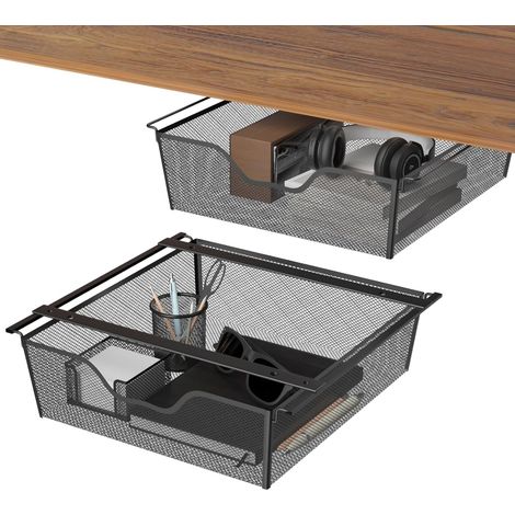 Lot de 2 tiroirs de bureau cachés en métal, tiroir de rangement sous le support, organisateur caché peu encombrant, plateau coulissant sous table/étagère pour la maison, le bureau, la coiffeuse (1/5)