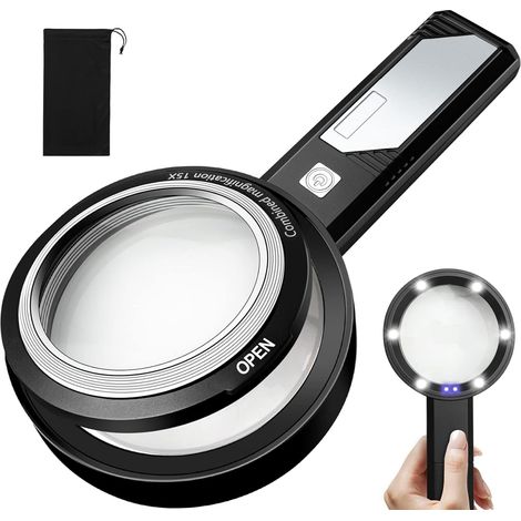Kaelt - Loupe avec lumière 6X 9X15X Loupe éclairée combinée 6 LED / 2 violette éclairée avec double lentille, loupe à main détachable pour la lecture, les personnes âgées, les loisirs, le bricolage (1/5)