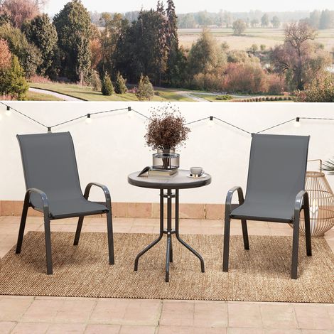 Outsunny Ensemble Salon de Jardin Extérieur 3 Pièces - 2 Fauteuils Empilables + Table Basse Verre Trempé, Gris Foncé