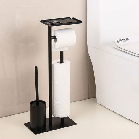 Porte-brosse et essuie-tout, design moderne, avec support pour téléphone, avec brosse WC, noir
