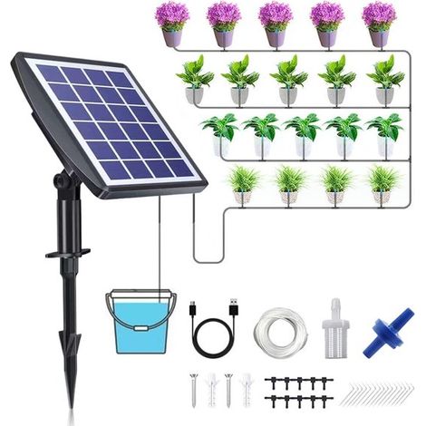 Système d'Irrigation Goutte-à-Goutte Solaire - Système d'Arrosage Automatique avec Minuterie - Pour Jardin et Serre - Convient pour 10 Pots - 10 mètres de Tuyau (1/5)