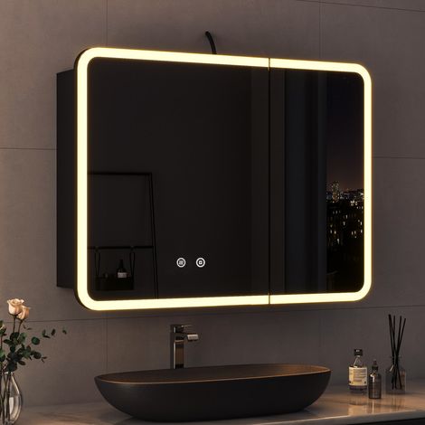 WDWRITTI 80x60cm Schwarz Spiegelschrank Bad mit Beleuchtung LED Spiegelschrank mit Beleuchtung Aluminium Badezimmerschrank mit Spiegel Hängeschränke Medizin Kabinett mit 3 Einstellbare Lichtfarben + B (1/5)
