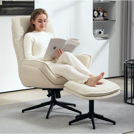 Sillón relax con reposapiés 80x58x58 cm beige en poliéster con giro 360° y respaldo reclinable