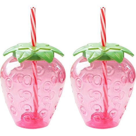 Lot de 2 tasses transparentes en PP avec couvercle et paille, joli motif fraise.-12X10CM-Red (1/3)