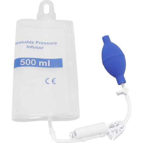 Poche de perfusion sous pression de 500 ml, transparente, pour perfusion rapide de sang et de liquides chez le patient.