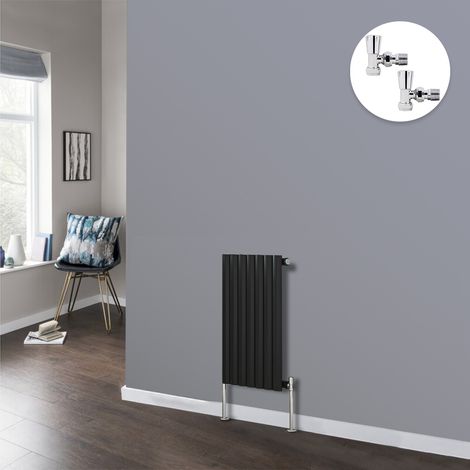 Oval Column Radiator Designer Panel Radiators Bathroom Central Heating Black with Angled Manual Pair of Valves 600x413mm Horizontal Single (1/3)