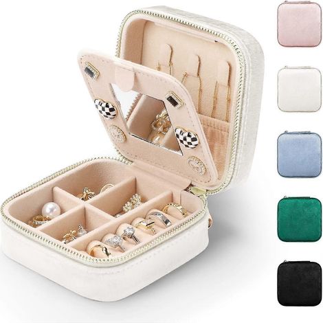 Boîte à bijoux de rangement, mini boîte à bijoux en velours avec miroir, boîte de rangement portable pour bagues, boucles d'oreilles et colliers (beige) (1/4)