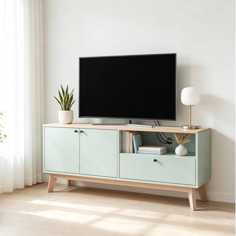 Mueble TV 120x35x50 cm de MDF verde claro, con almacenaje para salón FloraGrace (1/5)