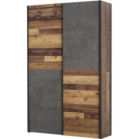 Les Tendances – Armoire multifonctions 2 portes en panneaux de particules et béton gris – L 120 x P 41,6 x H 190,5 cm – Style campagne