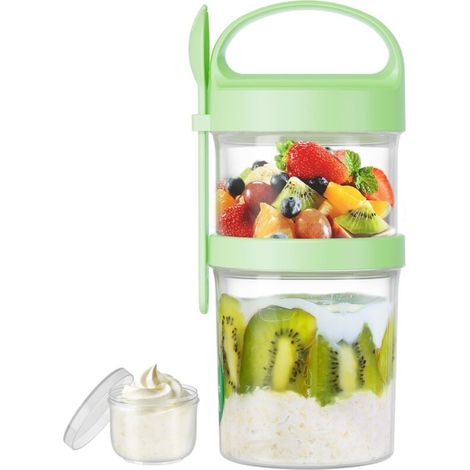 Overnight Oats Jar avec Couvercle et Cuillère, Réutilisable Double Couche Gobelet a Cereales Portable Bol Muesli,560+360ml, Vert
