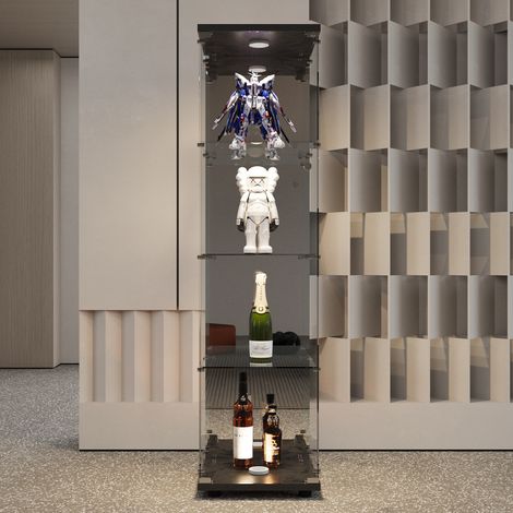 Vitrine en verre trempé à quatre couches, hauteur 164 cm, armoire vitrine pour collection avec LED, base en bois, serrure de sécurité, miroir - Noir