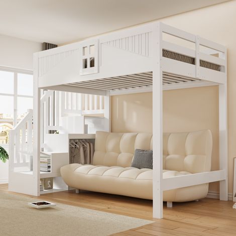 Lit surélevé en bois véritable 140x200, barrière protectrice et hublot, échelle escamotable avec étagères, couchage polyvalent blanc (1/5)