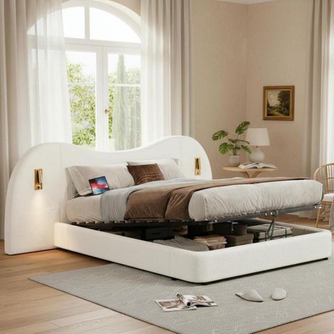 Letto matrimoniale 180x200 cm con sollevamento idraulico, porte USB, lampade da lettura e rivestimento in bouclé bianco (1/5)
