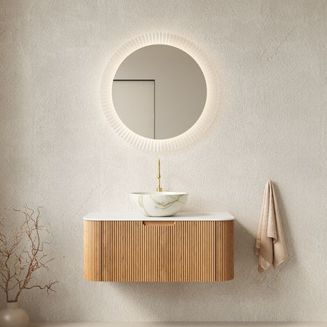 Meuble vasque mural de 91 cm, vasque blanche à effet pierre et plan de travail blanc Carrara, caisson en contreplaqué rayé aux bords arrondis avec tiroir, pré-assemblé, aspect bois naturel. (1/5)
